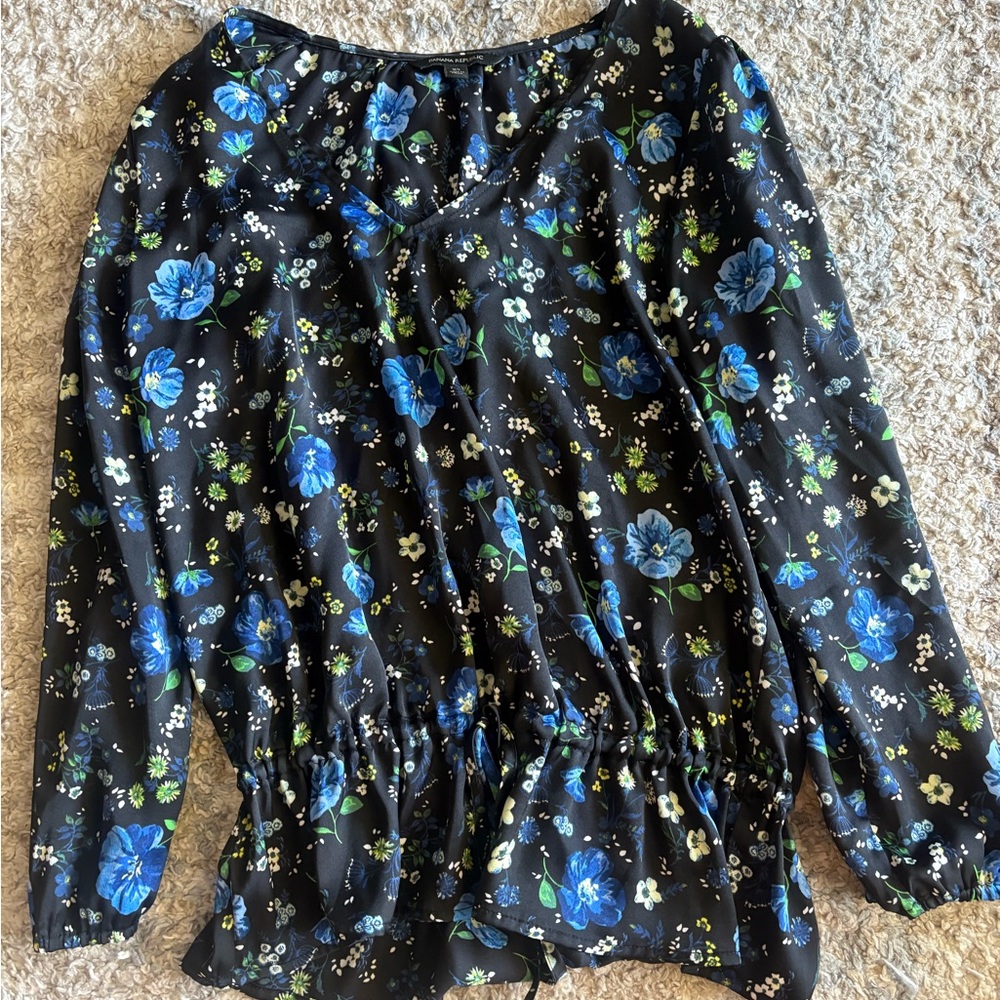 Banana Republic Black Blouse with Blue Floral Design